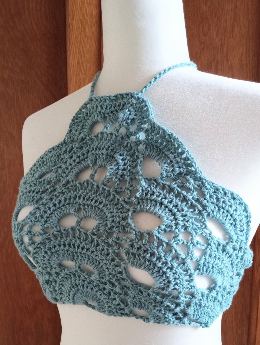 HAND CRAFTED Cropped Top Crochet Halter Bikini Festival Fashion Blue S/M Cotton